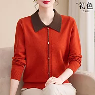 【初色】休閒簡約薄款拼接撞色POLO領長袖打底毛衣針織衫上衣女上衣-共5色-15688(F可選) F 米色