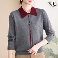 【初色】休閒簡約薄款拼接撞色POLO領長袖打底毛衣針織衫上衣女上衣-共5色-15688(F可選) F 灰色