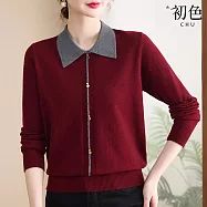 【初色】休閒簡約薄款拼接撞色POLO領長袖打底毛衣針織衫上衣女上衣-共5色-15688(F可選) F 紅色
