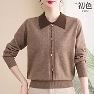 【初色】休閒簡約薄款拼接撞色POLO領長袖打底毛衣針織衫上衣女上衣-共5色-15688(F可選) F 棕色