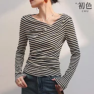 【初色】休閒風簡約條紋斜肩領長袖T恤上衣女上衣-黑米條紋-15791(M-XL可選) XL 黑米條紋