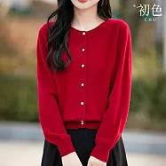 【初色】小香風氣質圓領長袖薄款針織衫上衣女上衣-共8色-15694(F可選) F 酒紅色