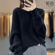 【初色】簡約純色鬆弛感寬鬆長袖連帽針織毛衣上衣女上衣-共6色-15693(F可選) F 黑色