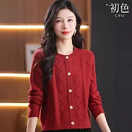 【初色】復古風純色排釦長袖圓領壓紋針織衫上衣女上衣-共5色-15699(F可選) F 酒紅色