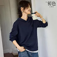 【初色】韓系純色假兩件連帽長袖拼接上衣女上衣-藏青色-15804(M-2XL可選) M 藏青色