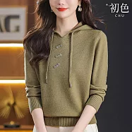 【初色】休閒純色鈕扣裝飾抽繩連帽長袖針織衫上衣女上衣-共4色-15700(F可選) F 綠色