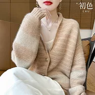 【初色】寬鬆拼接條紋紋理V領長袖針織開衫毛衣外套上衣女上衣-共2色-15831(F可選) F 金駝色