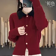 【初色】小香風氣質撞色翻領單排釦長袖開衫針織衫上衣女上衣-共4色-15834(F可選) F 酒紅色