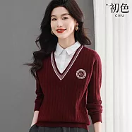 【初色】學院風拼接撞色假兩件翻領長袖針織衫上衣女上衣-共3色-15833(F可選) F 紅色