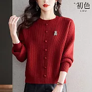 【初色】韓系純色圓領長袖單排扣造型裝飾針織衫上衣女上衣-共4色-15711(F可選) F 酒紅色