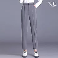 【初色】商務風簡約顯瘦純色高腰九分褲直筒褲西裝褲哈倫褲休閒褲寬褲長褲-共3色-15766(M-2XL可選) M 灰色
