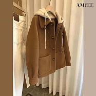 【AMIEE】針織連帽假兩件加厚上衣(KDTQ-202) M 咖啡色