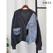 【AMIEE】拼接牛仔毛衣外套(KDCQ-954) FREE 灰色