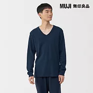 【MUJI 無印良品】男棉混羊毛保暖V領長袖T恤 S 暗藍