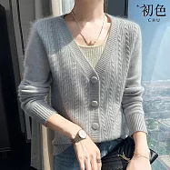 【初色】簡約純色毛呢修身深V領包扣長袖針織衫毛衣上衣女上衣-共6色-15706(F可選) F 淺灰色