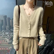 【初色】簡約純色毛呢修身深V領包扣長袖針織衫毛衣上衣女上衣-共6色-15706(F可選) F 米白色