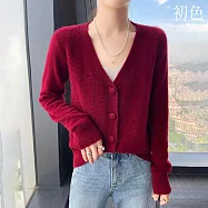 【初色】簡約純色毛呢修身深V領包扣長袖針織衫毛衣上衣女上衣-共6色-15706(F可選) F 紅色