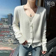 【初色】簡約純色毛呢修身深V領包扣長袖針織衫毛衣上衣女上衣-共6色-15706(F可選) F 白色