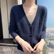 【初色】簡約純色毛呢修身深V領包扣長袖針織衫毛衣上衣女上衣-共6色-15706(F可選) F 深藍色