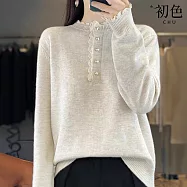 【初色】純色簡約拼接蕾絲花邊圓領長袖內搭打底毛衣針織衫上衣女上衣-共3色-15812(F可選) F 米白色