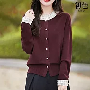 【初色】日系氣質花邊釘珠修身圓領珍珠排扣長袖針織衫上衣女上衣-共4色-15697(F可選) F 酒紅色