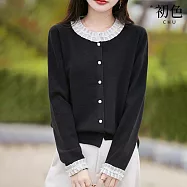 【初色】日系氣質花邊釘珠修身圓領珍珠排扣長袖針織衫上衣女上衣-共4色-15697(F可選) F 黑色