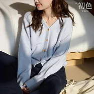 【初色】甜美風純色V領長袖單排扣針織毛衣上衣女上衣-共2色-15753(M-XL可選) M 藍色