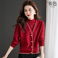 【初色】撞色花邊假兩件半高領長袖針織衫上衣女上衣-共4色-15710(F可選) F 紅色