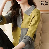 【初色】簡約撞色修身翻領短款拉鍊長袖針織衫上衣女上衣-灰綠色-15761(F可選) F 灰綠色