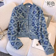 【初色】美式復古風星星圓領長袖牛仔外套女外套-藍色-15970(M-2XL可選) M 藍色
