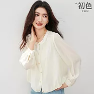【初色】純色輕薄防曬圓領長袖單排扣罩衫空調衫外套女外套-米杏色-15951(M-2XL可選) M 米杏色