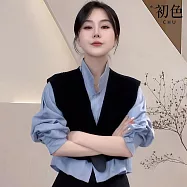 【初色】半高領條紋長袖襯衫上衣女上衣/V領無袖短版針織背心女背心-共2款3色-15873(M-2XL/F可選) F 馬甲