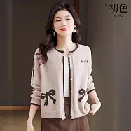 【初色】休閒寬鬆撞色圖樣花邊鈕扣針織圓領長袖開衫外套女外套-共3色-15874(F可選) F 米色