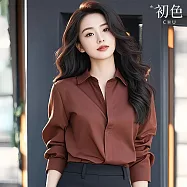 【初色】簡約純色翻領長袖排釦襯衫上衣女上衣-安可拉紅色-15841(M-2XL可選) XL 安可拉紅色