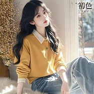 【初色】簡約風減齡寬鬆撞色翻領落肩長袖大學T上衣女上衣-黃色-15849(M-2XL可選) 2XL 黃色