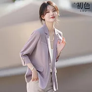 【初色】純色休閒簡約輕薄西裝領單釦長袖西裝外套女外套-紫色-15850(M-2XL可選) L 紫色