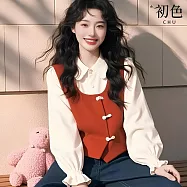 【初色】休閒寬鬆撞色假兩件泡泡袖娃娃領長袖襯衫上衣女上衣-紅色-15852(M-2XL可選) M 紅色