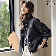 【初色】復古風立領長袖拉鍊單排扣寬鬆仿牛仔外套女外套-藏青色-15955(M-2XL可選) M 藏青色