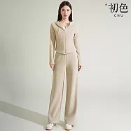 【初色】純色簡約休閒拉鍊立領連帽長袖外套+鬆緊腰寬鬆闊腿寬褲長褲運動風套裝-共5色-15988(M-XL可選) XL 燕麥色