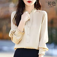 【初色】優雅風純色木耳邊立領單排扣長袖襯衫上衣女上衣-共2色-15947(M-2XL可選) XL 香檳色