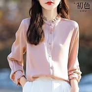 【初色】優雅風純色木耳邊立領單排扣長袖襯衫上衣女上衣-共2色-15947(M-2XL可選) 2XL 粉色