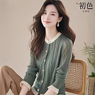 【初色】法式復古輕薄拼接蕾絲圓領排釦長袖上衣女上衣-綠色-15869(M-2XL可選) XL 綠色