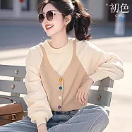 【初色】休閒風假兩件拼接撞色圓領長袖T恤上衣女上衣-駝色-15870(M-2XL可選) L 駝色