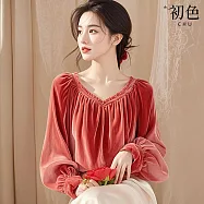 【初色】法式絲絨純色寬鬆V領燈籠長袖T恤上衣女上衣-紅色-15872(M-2XL可選) M 紅色
