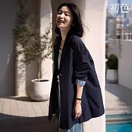 【初色】文藝碎花純色簡約寬鬆西裝領長袖風衣外套女外套-藏青色-15923(M-XL可選) XL 藏青色