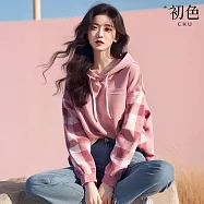 【初色】休閒風格紋拼接減齡寬鬆長袖連帽T恤上衣女上衣-粉色-15853(M-2XL可選) 2XL 粉色