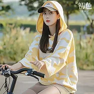 【初色】休閒風字母色塊印花連帽長袖寬鬆上衣女上衣-黃色-15854(M-2XL可選) XL 黃色
