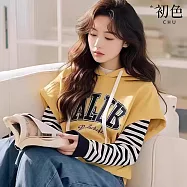 【初色】撞色拼接條紋英文印花抽繩連帽長袖T恤帽T衛衣上衣女上衣-黃色-15855(M-2XL可選) M 黃色