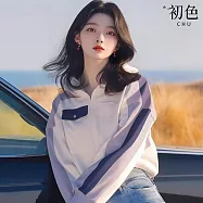 【初色】休閒風拚色寬鬆POLO領長袖衛衣T恤上衣女上衣-紫色-15856(M-2XL可選) XL 紫色