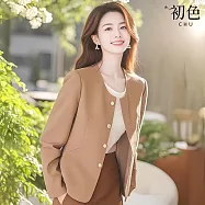【初色】簡約純色修身寬鬆圓領排釦長袖西裝外套女外套-咖色-15857(M-2XL可選) 2XL 咖色